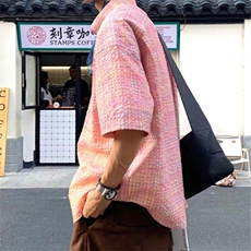 夏季氛围感粉色多巴胺褶皱格子撞色短袖衬衫男高级感衬衣CA55-P35，男装T恤，星座208-5