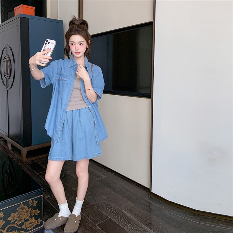 韩版蓝色复古牛仔套装女夏季2025新款港风宽松休闲衬衫短裤两件套,女装套装/套裙,2C212