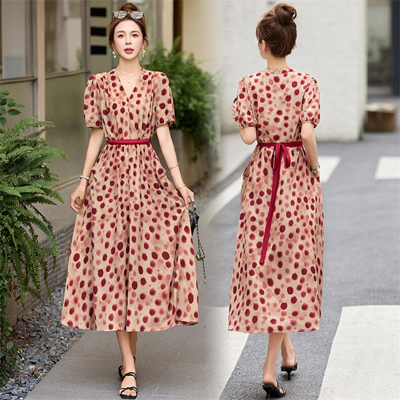 波点印花连衣裙女夏季2025新款高端洋气时尚淑女气质减龄法式裙子，女装连衣裙，魅丽静蓝