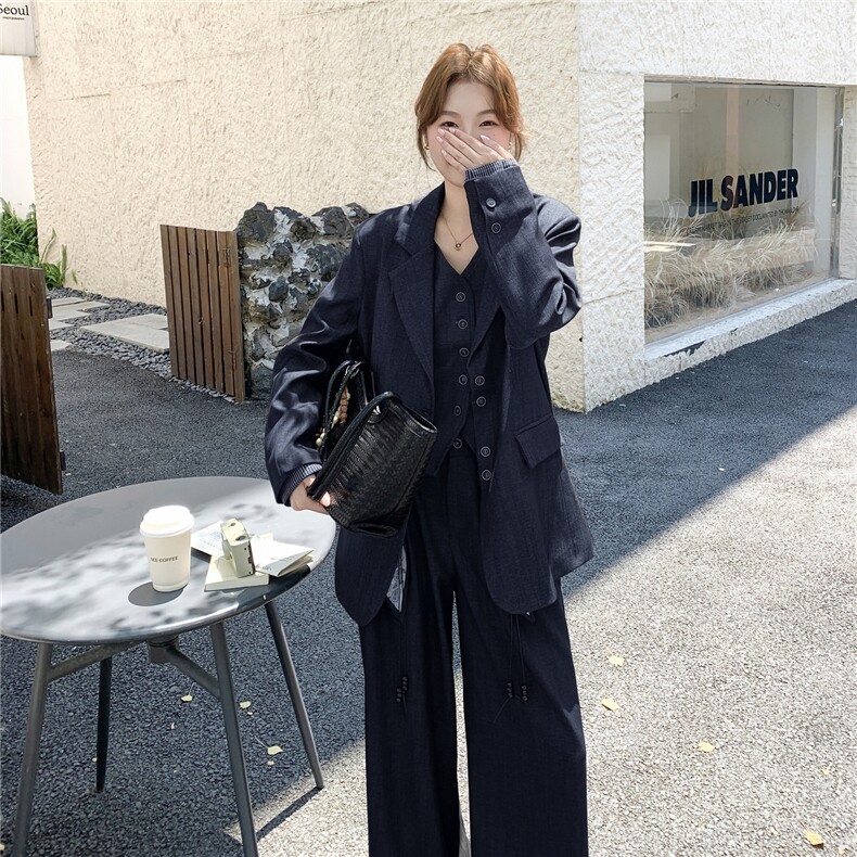 藏青色气质西装马甲阔腿裤套装女春秋高级感巨好看大方得体三件套,女装套装/套裙,慧尚依恋
