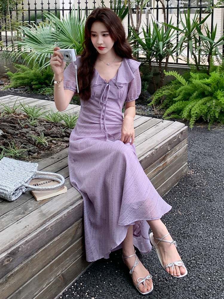 气质长款V领荷叶边温柔连衣裙女夏季2025文艺日系绝美高级感长裙,女装连衣裙,浙宝305