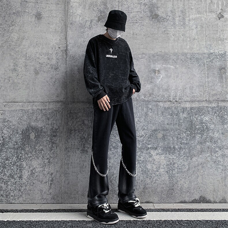 现货高街vibe黑色扎染设计感链条修身微喇牛仔裤男K880-P55控78,男装牛仔裤,星座205