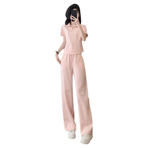 女夏季新款韩版时尚休闲运动套装连帽短袖卫衣高腰阔腿裤两件套潮图片