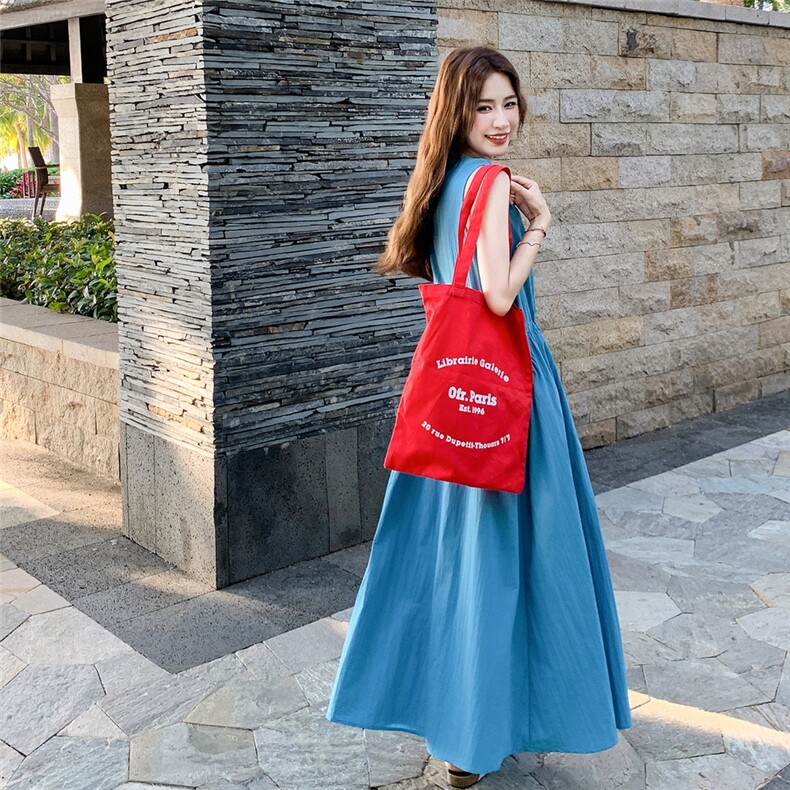 蓝色无袖背心连衣裙女2025夏季新款法式超好看温柔慵懒风度假长裙,女装连衣裙,2B237