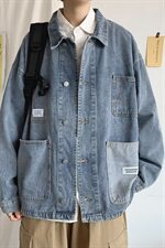 港风中性外套宽松oversized男上衣休闲慵懒风牛仔夹克W93/P60，男装夹克，电商D202-1