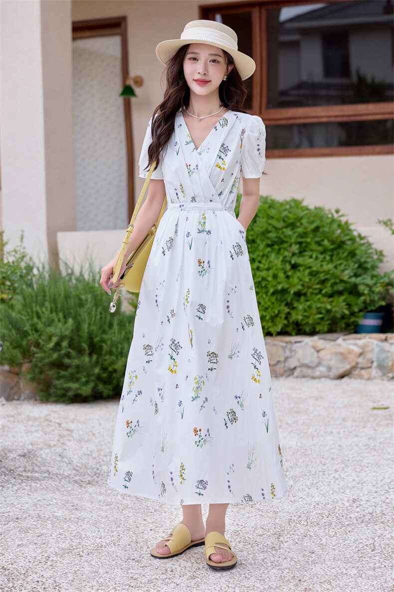 森系甜美泡泡袖连衣裙女夏季新款法式气质女神范收腰显瘦茶歇裙,女装连衣裙,奋斗女王