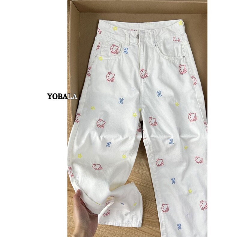 可爱刺绣kitty猫牛仔裤女2025新款夏季薄款高腰阔腿宽松直筒裤子,男装牛仔裤,星座1210-1