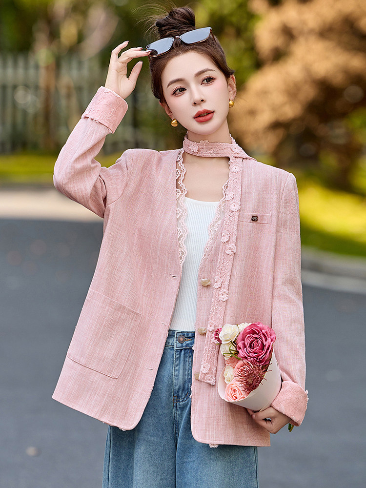 蕾丝花边粉色西装外套女2025春季新款高级感洋气百搭休闲宽松上衣,女装短外套,依如秀(原杭风阁)