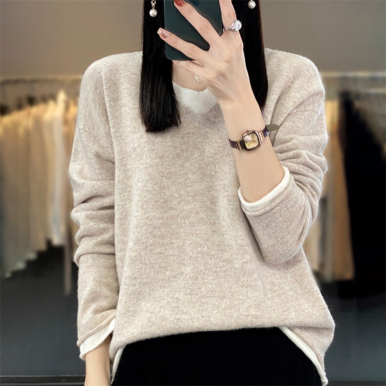 宽松型常规套头2025年夏季女士羊毛衫长袖单件V领,女装羊毛衫,春贝羊绒
