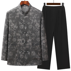 风中老年唐装男春秋长袖套装太极服丝绸爷爷装 TR22010-P105图片