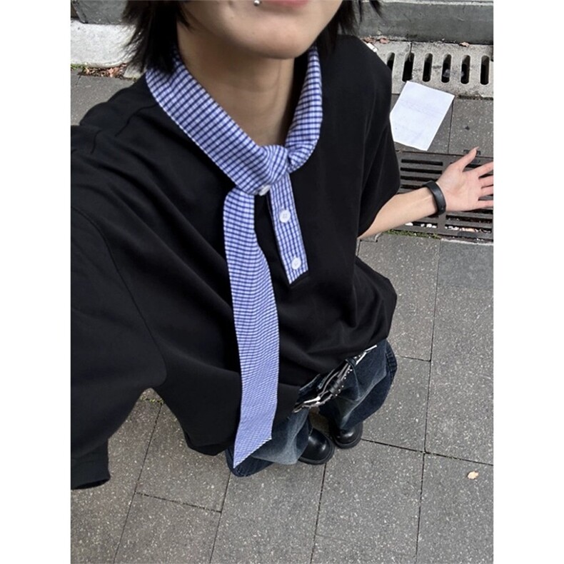 航海家夏季松弛感飘带丝巾领拼接短袖polo衫男百搭宽松领带T恤,男装Polo衫,星座1210-1