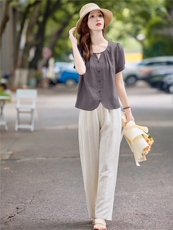 老钱风休闲气质套装女2025夏季新款洋气减龄短袖小衫阔腿裤两件套，女装套装/套裙，依万里