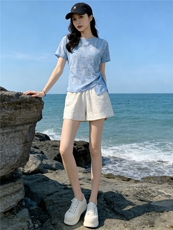 女夏新款时尚减龄套装圆领侧绑带晕染设计短袖上衣蕾丝短裤两件套，女装套装/套裙，江南