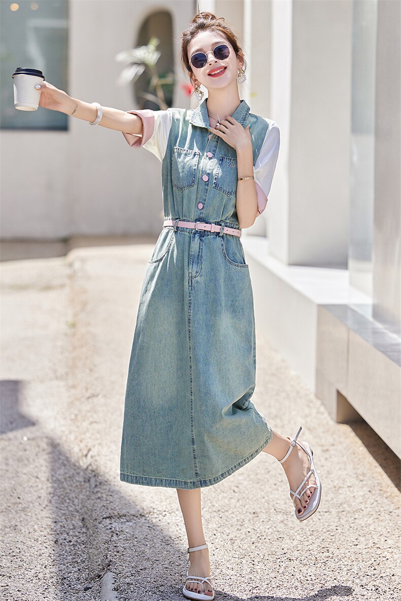 短袖牛仔连衣裙女2024夏季新款女装时尚显瘦百搭工装休闲连衣群,商品下架区,韩然一族