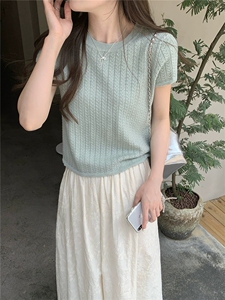 法式麻花镂空薄款天丝短袖针织衫女夏季宽松短款小个子棉麻T恤衫图片