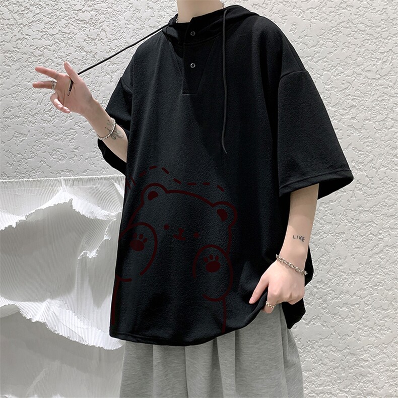 LD54236-P45连帽短袖t恤男大码胖子带帽五分袖中袖大皂风,男装T恤,电商A040