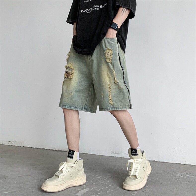 新款侧边拉链开叉牛仔裤破洞短裤男潮牌痞帅裤子高街N05588-P40图片