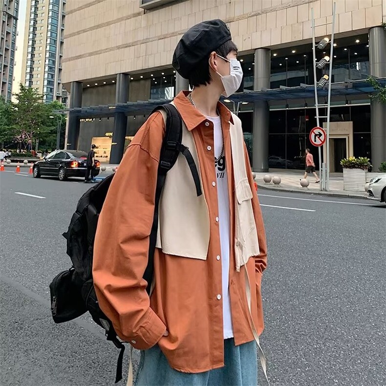 不规则假两件拼接长袖衬衫个性炸街情侣宽松休闲衬衣W3215-P40图片