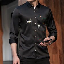 大码印花中国风衬衫男夏秋新款青年长袖商务衬衫QT5030/7603p50，男装衬衫，电商A012