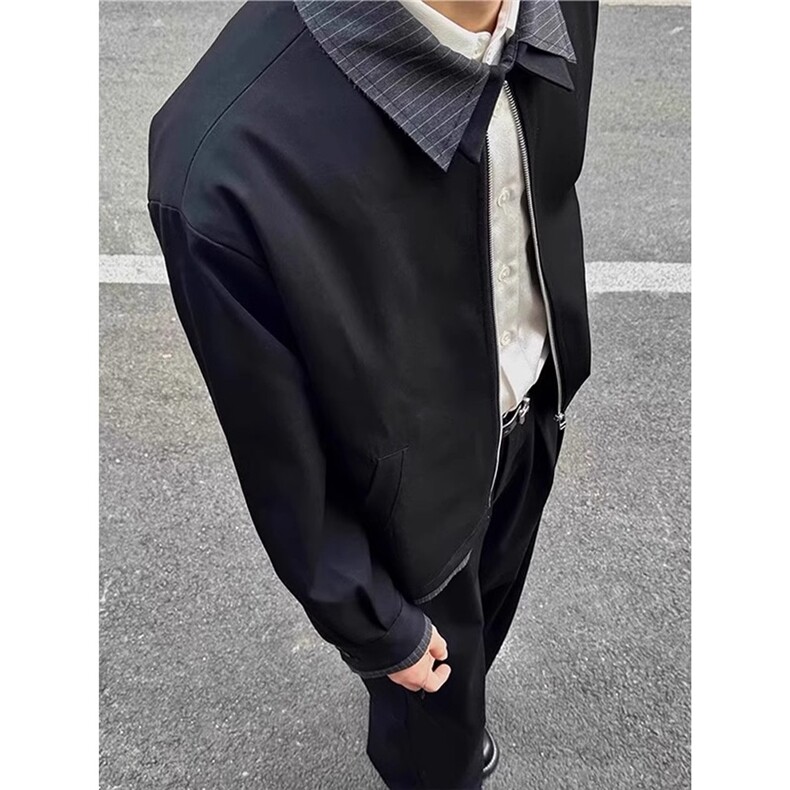 品质条纹拼接假两件极简风夹克翻领外套男513AJK2458P75,男装夹克,星座513A