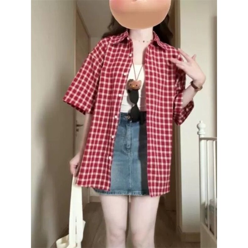 慵懒风红色格子夏日轻薄短袖衬衫女夏季2025新款复古休闲宽松衬衫,男装衬衫,星座1210-1