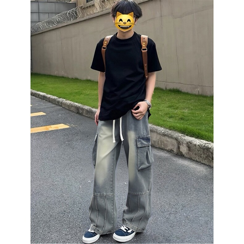 网图美式阔腿休闲裤子男夏季水洗工装牛仔裤-A1158TP55控88图片