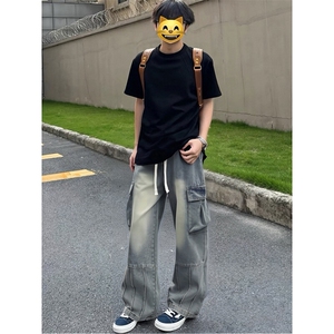 网图美式阔腿休闲裤子男夏季水洗工装牛仔裤-A1158TP55控88图片