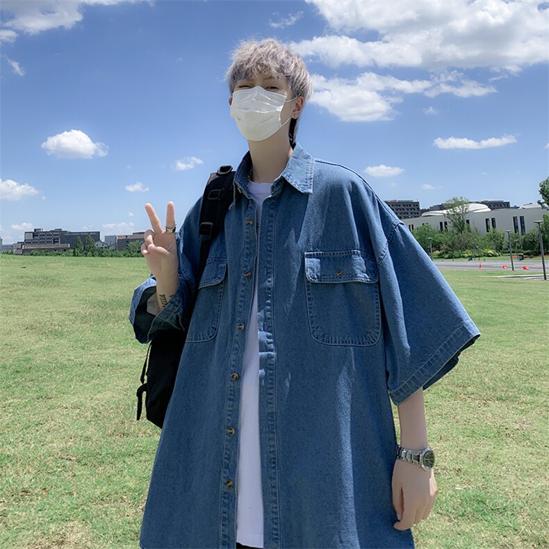 港风复古牛仔衬衫男夏新款短袖衬衣宽松休闲工装外套W3421-P40,男装衬衫,星座512-2