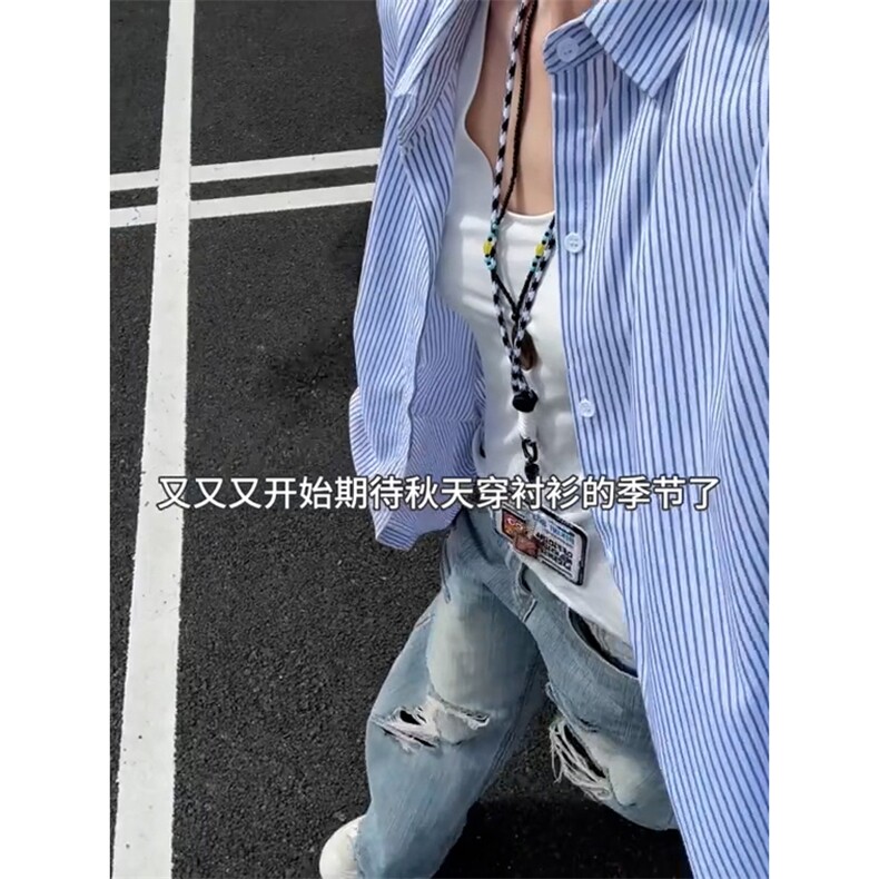 【网图】B221美式ins高街暗黑宽松条纹长袖衬衫SY2551-特P30控59,男装衬衫,电商B221