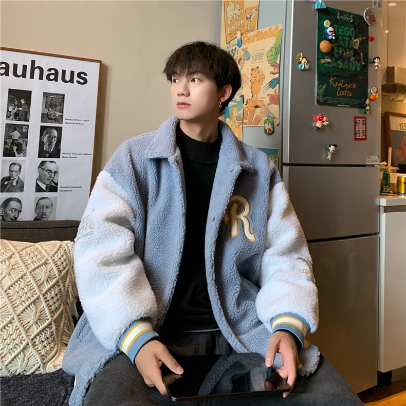羊羔毛毛巾绣保暖外套男冬季港风宽松拼接棉服男YG256-P95限128,男装夹克,电商B370