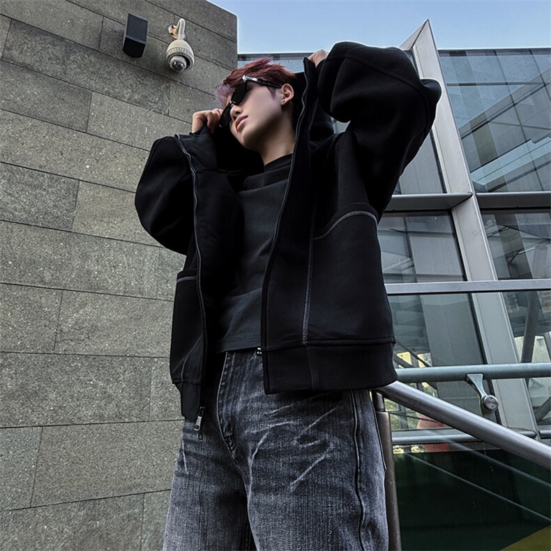 抖音得物高品质秋冬美式高街重磅结构辑明线纹理连帽卫衣外套W111图片