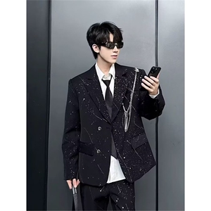 【007】星空烫金西装男夜店发型师秋垫肩西服外套A079-XZ117-P73,西装搭配高领能不能搭配篮球鞋图片