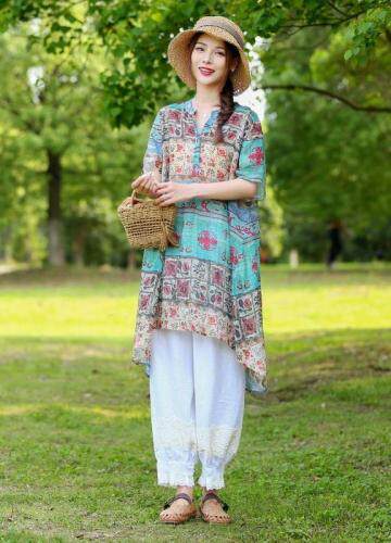 现货2021新款民族风文艺复古印花宽松舒适苎麻短袖中长，女装，美诗欧 Missorly