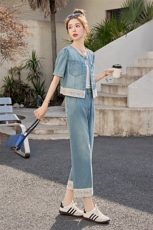 小香风气质短袖牛仔套装女2025夏季减龄一整套蕾丝拼接休闲两件套，女装套装/套裙，意芙