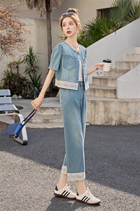 小香风气质短袖牛仔套装女2025夏季减龄一整套蕾丝拼接休闲两件套图片