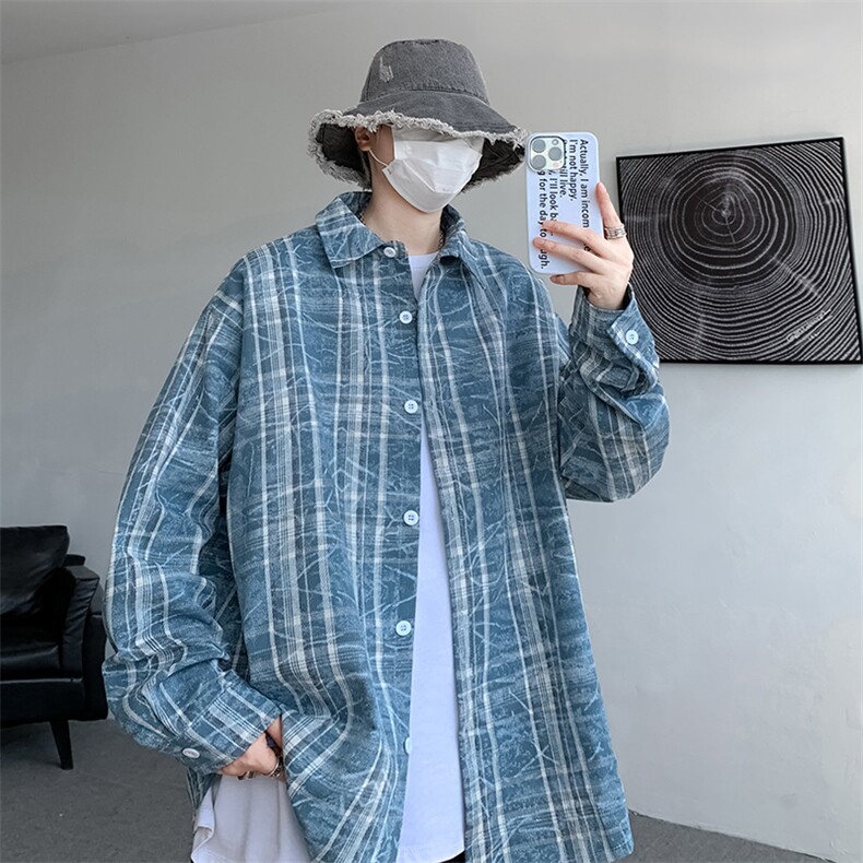 得物二开扎染衬衫A177-CS90-P50格子长袖衬衫,男装衬衫,电商A177