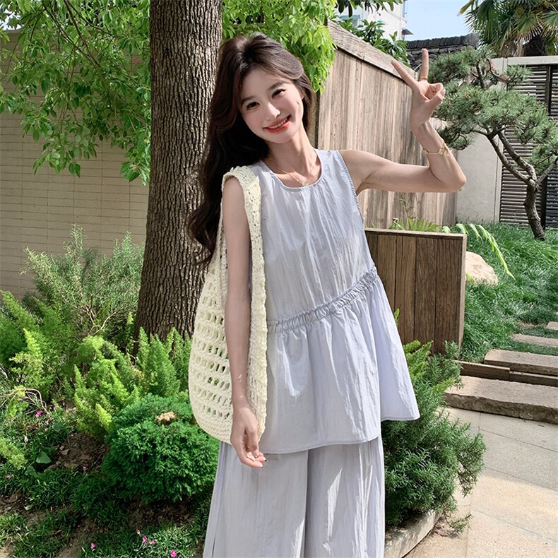 松弛感休闲无袖上衣套装女夏2025新款轻熟风气质通勤阔腿裤两件套,女装套装/套裙,1D066-1