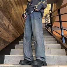 黑灰色牛仔裤男生秋季美式潮牌显瘦直筒弯刀裤水洗做旧休闲阔腿裤，男装牛仔裤，星座506A