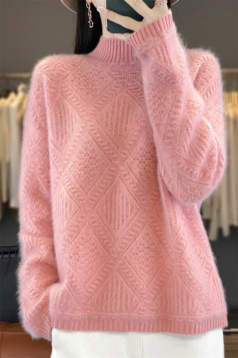 新品重工艺妞花菱形块女半高领羊毛衫宽松百搭a525,女装羊毛衫,秋虹羊绒