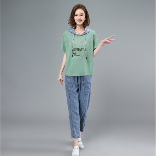 2021夏季新款时尚休闲拼接连帽印花套装，女装套装/套裙，叶笙衣