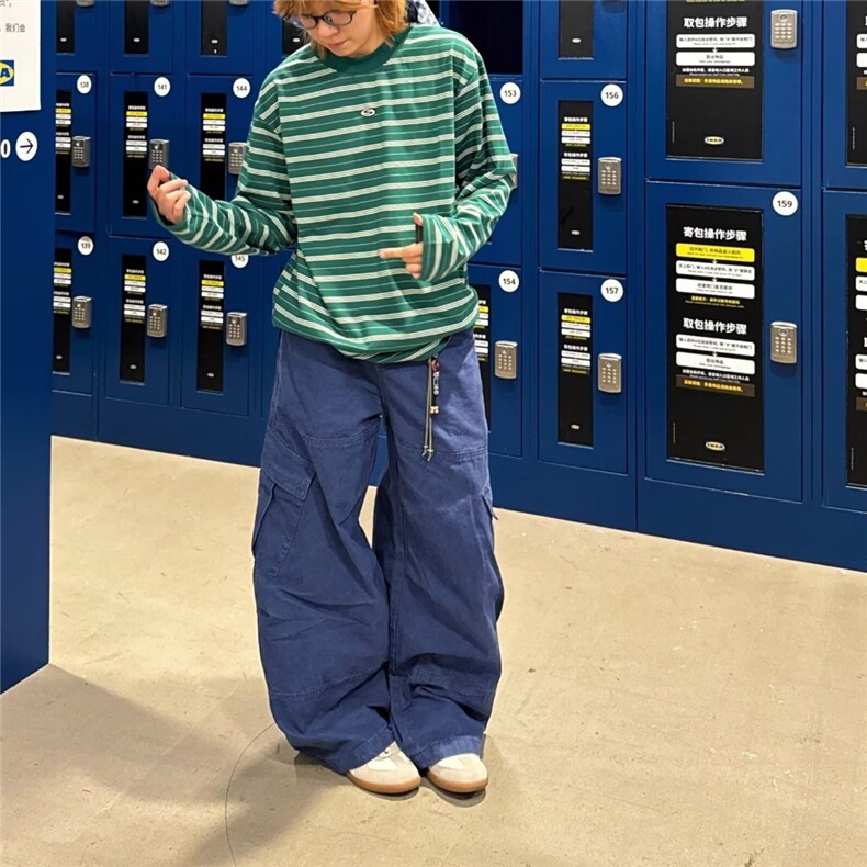 大码美式多口袋弯刀工装牛仔裤男女2026夏季新款宽松休闲直筒长裤图片