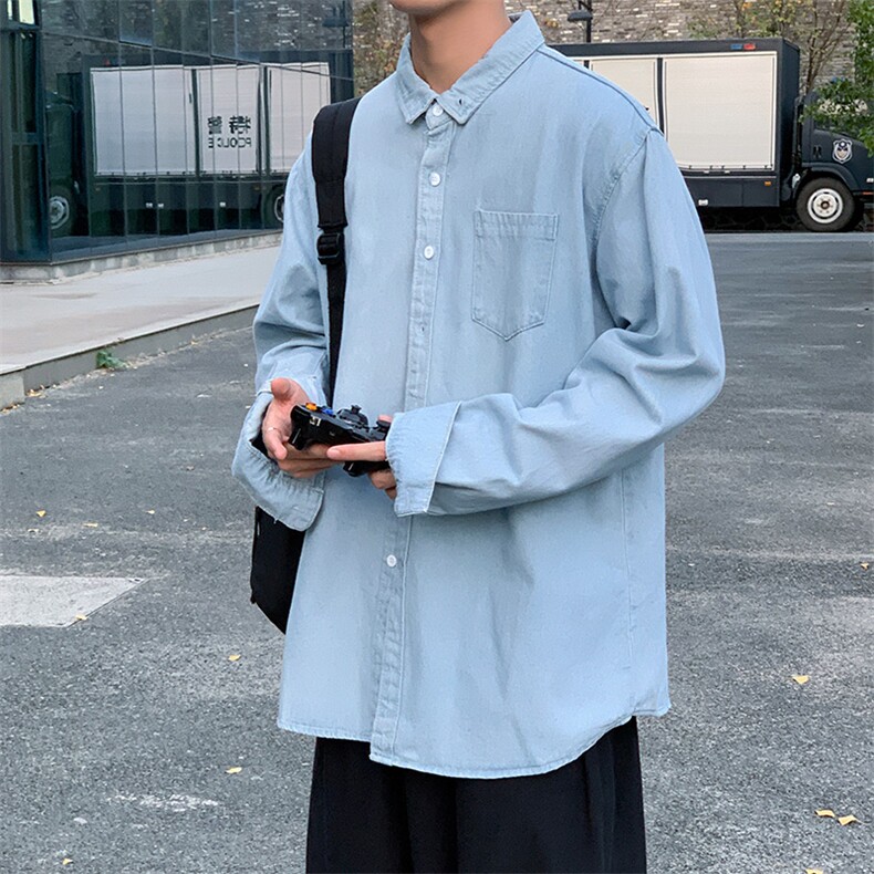 牛仔衬衫男秋季ins潮港风长袖寸衫痞帅日系宽松休闲外套CS55-P45,男装衬衫,星座1008