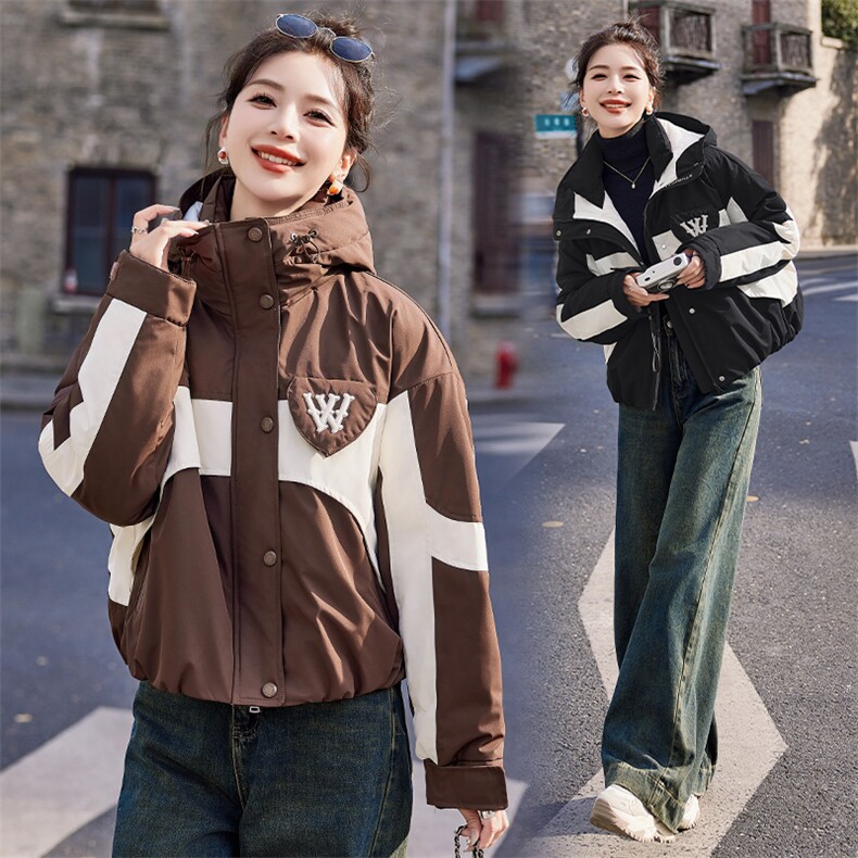 派克服羽绒服女2024冬季新款小个子短款欧货休闲拼接加厚工装外套,女装羽绒服,韩蜜菓