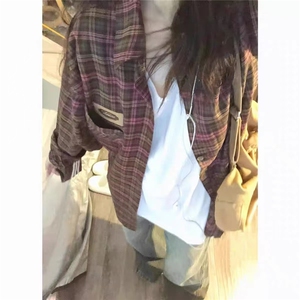 早秋新款贴标紫色格子衬衫外套女宽松休闲显瘦中长款衬衣外穿开衫