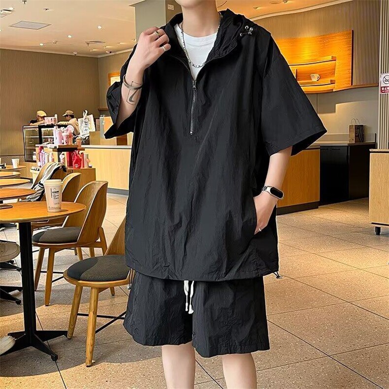 工装短袖套装男士夏季薄款休闲连帽速干防晒衣户外骑行运动服T05,男装休闲套装,星座310B-1