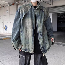 316-P67复古水洗垫肩解析立领牛仔夹克男做旧2025春秋宽松拉链，男装夹克，电商B323A