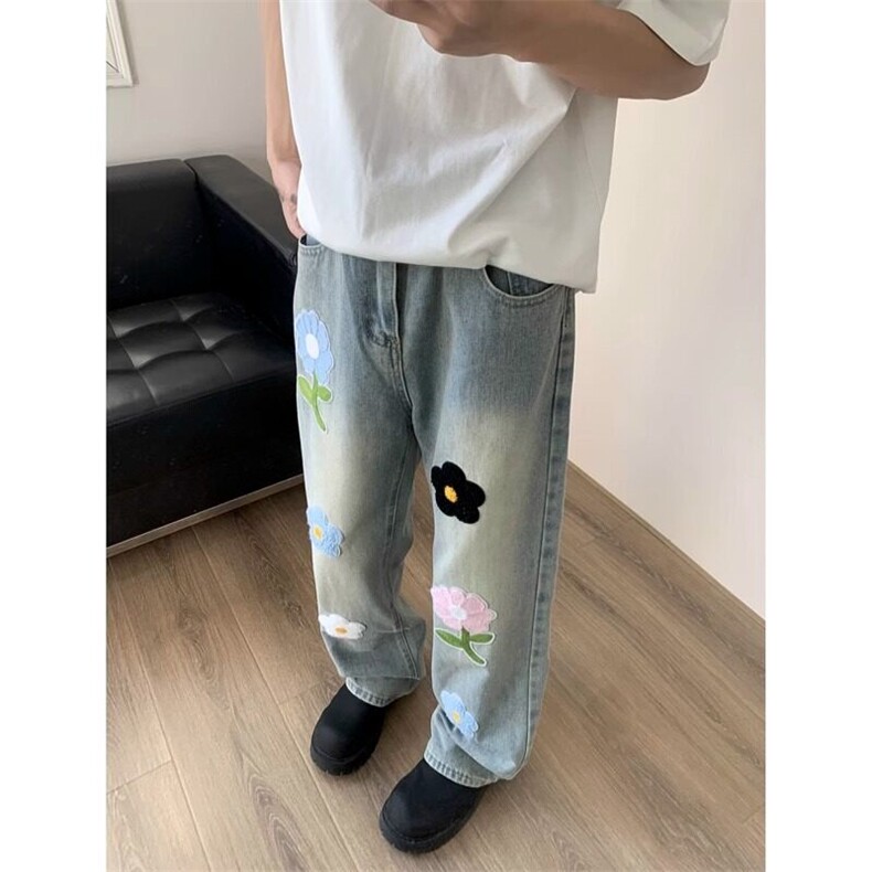 潮花朵刺绣牛仔裤男街头痞帅直筒裤子美式休闲长裤网络图,男装牛仔裤,星座410-7