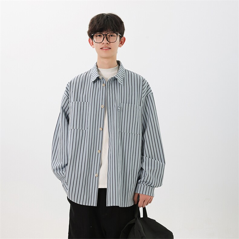 【敖瑞鹏代言】GENIOLAMODE杏色条纹日系长袖衬衫男秋季情侣衬衣图片