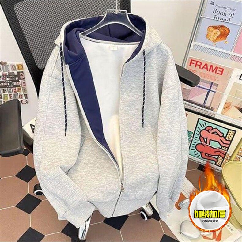 480G重磅加绒硬挺boxy男女秋冬美式高街双层撞色连帽卫衣开衫外套,女装短外套,电商A486-1