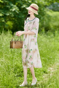 高端苎麻旗袍风文艺复古裙子2022年夏季新款棉麻印花圆领连衣裙女，女装连衣裙，辉之琳